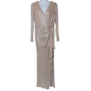 Betsy Adam Metallic champagne shimmer Gown Long Sleeve Ruched Formal Dress 12